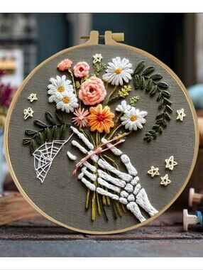 DIY Embroidery For Beginners Craft Kit Skelteton Hand Holding Flowers NWT